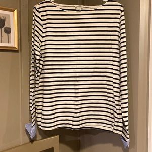 Navy blue and white striped crewneck shirt with faux cuffs